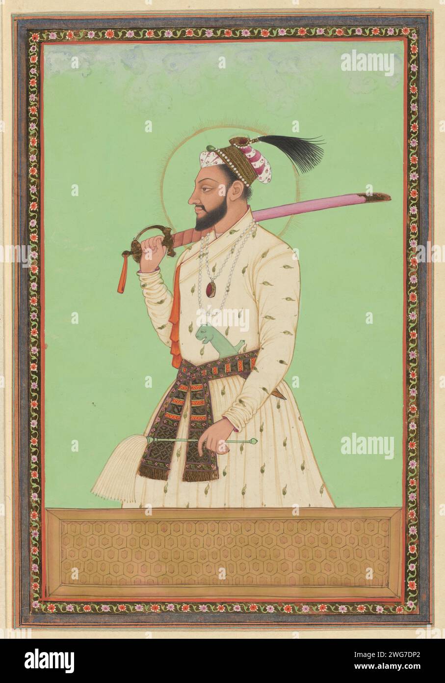 Portrait of Dara Shikoh, the eldest son of Shah Jahan, who ruled the province of Delhi in the time of his father; After the death of his father, Aurangzeb killed him and himself became ruler of Delhi, c. 1686 drawing. Indian miniature Dara Shikoh is depicted up to his hips, used to the left, with his right hand he holds his sword on his shoulder and in his left hand he has a fly brush. Leaf 8 in the `Witsen-Album ', with 49 Indian miniatures of princes. Above the portrait a piece of paper with the name in Persian. Under the portrait a piece of paper with the name in the Portuguese. Golkonda pa Stock Photo